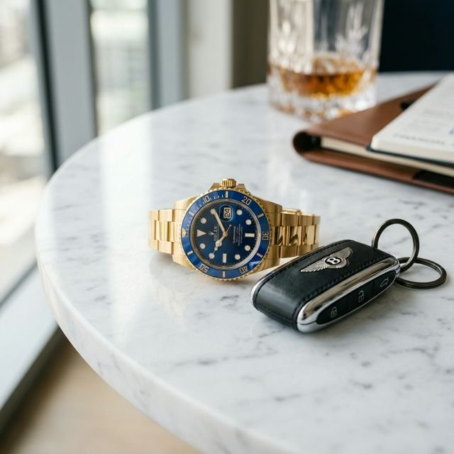 Luxury car keys and a Rolex watch on a clean marble surface