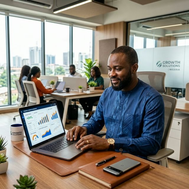 Professional Nigerian business owner using a laptop in a modern office